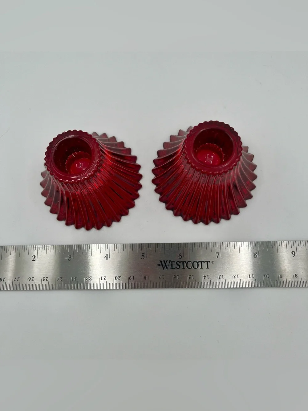 Vintage Red Glass Ribbed Taper Candle Holders - Set of 2
